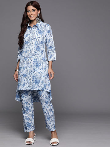 Varanga Women Blue Floral Printed High- Low Kurta With Bottom